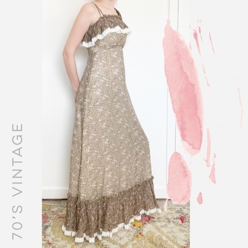 Vintage Nadine 70โsโ brown floral ruffle maxi dress
